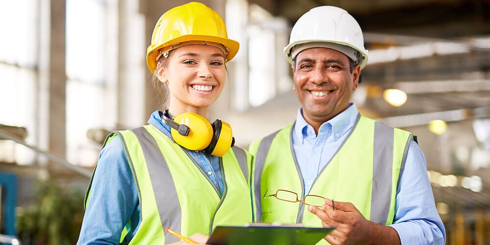 Medicina do Trabalho | Ambiente de trabalho moderno e seguro, com trabalhadores usando Equipamentos de Proteção Individual (EPIs) e seguindo práticas de segurança