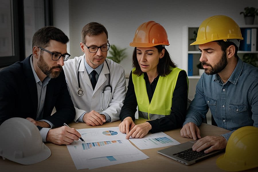 Equipe de segurança e saúde do trabalho reunida para integrar ações do PGR, PCMSO e CIPA conforme exigências da NR-1 e NR-7.