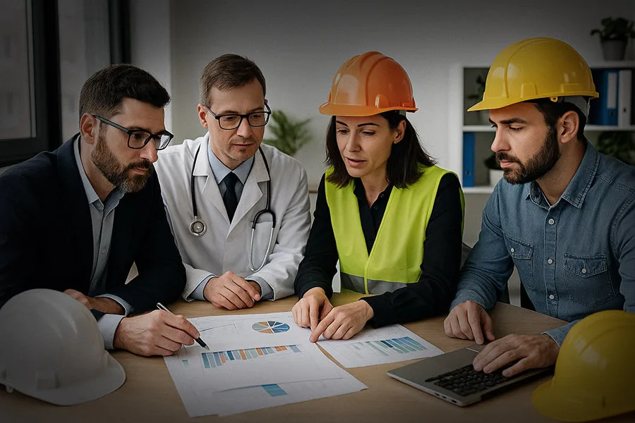Equipe de segurança e saúde do trabalho reunida para integrar ações do PGR, PCMSO e CIPA conforme exigências da NR-1 e NR-7.