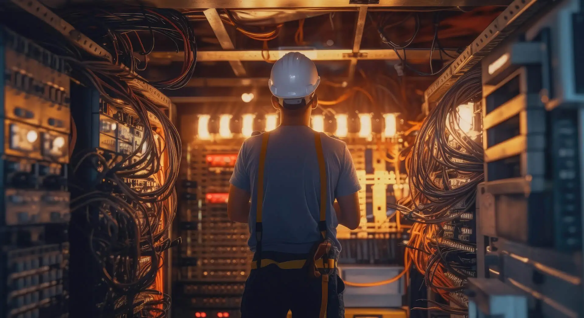 NR10 - norma regulamentadora 10. Medicina e segurança do trabalho. Homem em frente a um quadro de energia